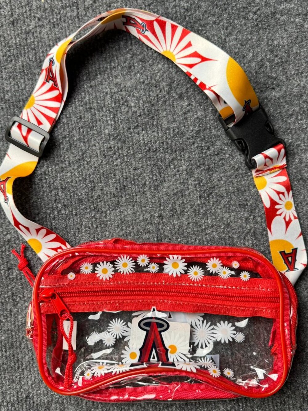 LA Angels Clear Belt Bag Fanny Pack Stadium Approved Red Daisy Floral MLB